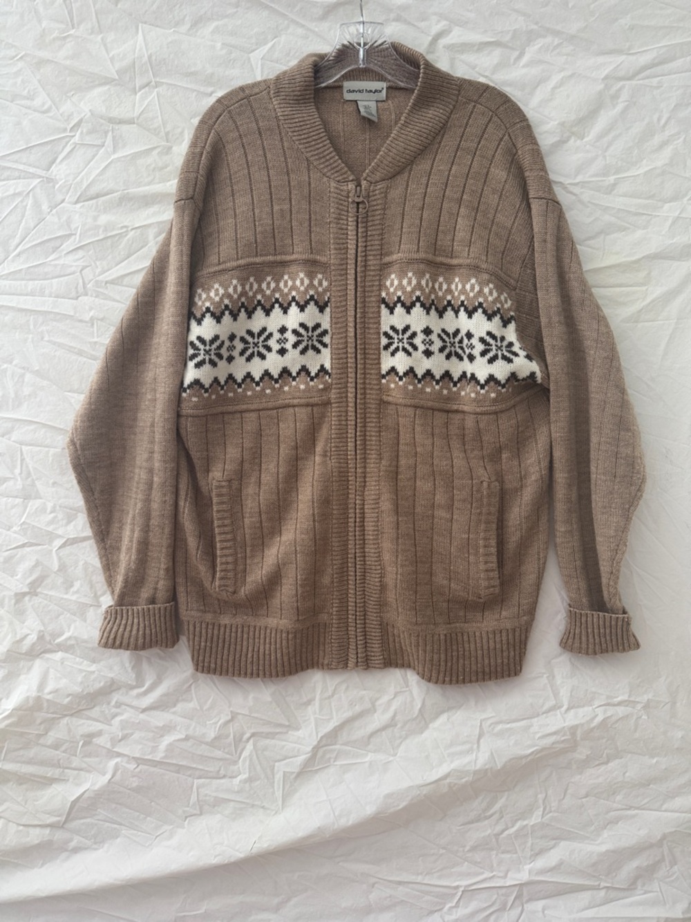David Taylor Grandpacore Brown Zip-Up Fair Isle Panel Sweater